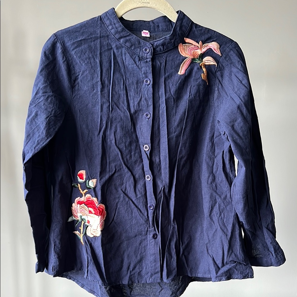 Navy Button-Up Linen Tunic with Floral Embroidery